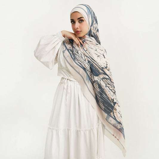 Azure Brushstroke Printed Chiffon Scarf