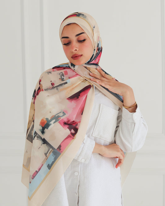 Abstract Multicolor Printed Chiffon Scarf