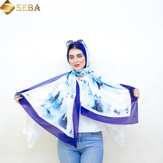 Azure Elegance Printed Chiffon Scarf