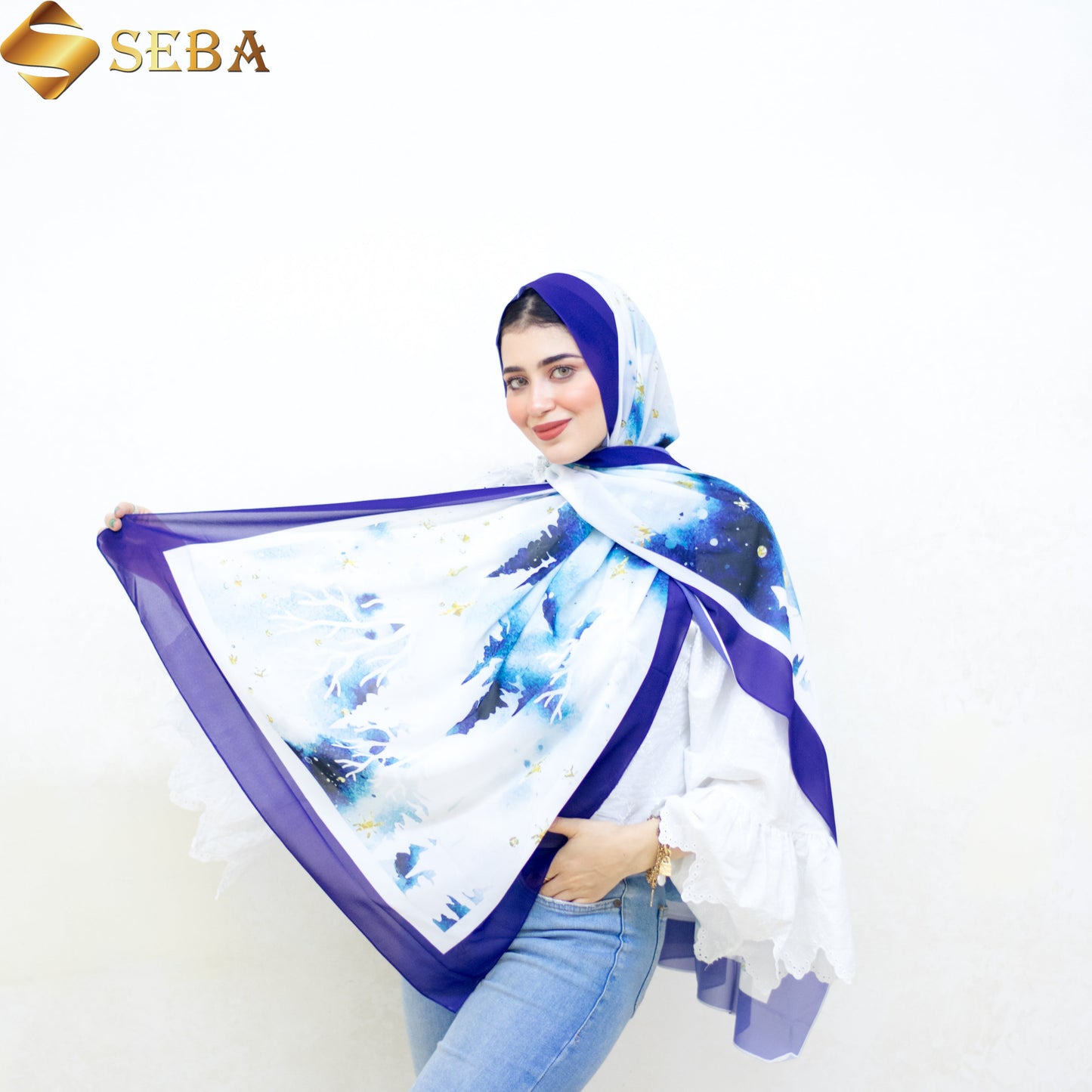 Azure Elegance Printed Chiffon Scarf